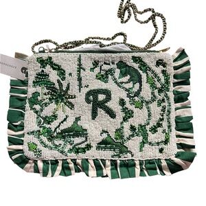 Anthropologie beaded Monogram clutch purse “R” Green NWT
